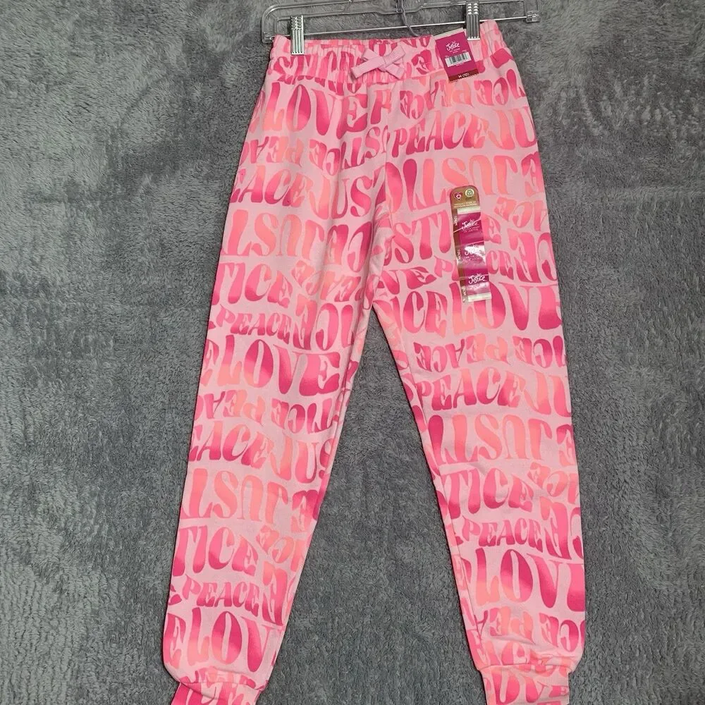 Justice Joggers Girls‎ Size M 10 Pink Peace Love Justice Graphic Fleece NWT